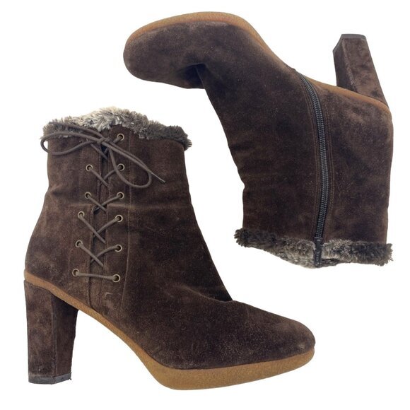 STUART WEITZMAN Brown Suede Heel Ankle Boots Womens SZ 10 Faux Fur Trim Lace Zip - Picture 1 of 8